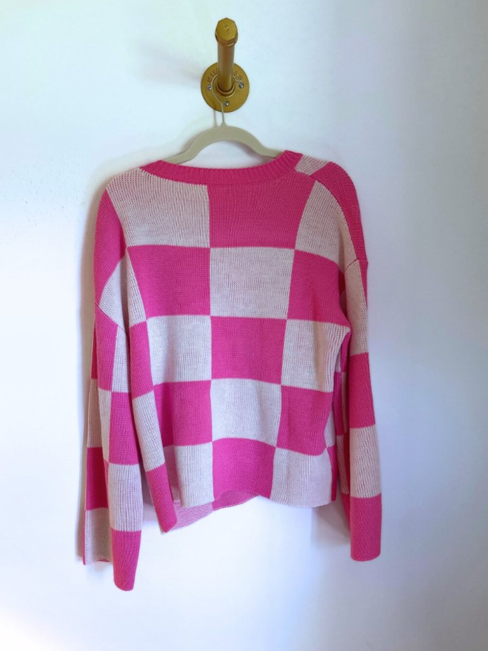 Pink Checkered Sweater 💕 | Chunky Knit Checkerboard Pullover (S/M) - Picture 2 of 3